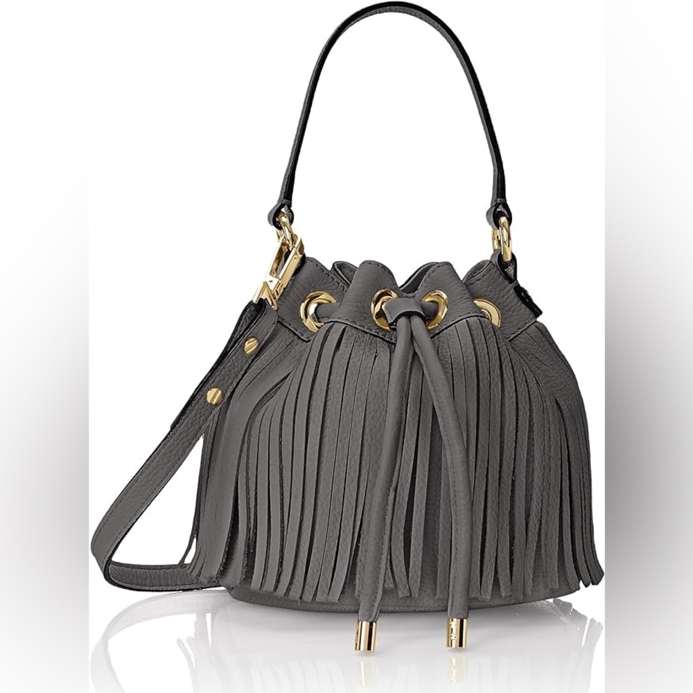 Mily Essex Fringe Small Drawstring Bucket Cross Body Bag
Grey LIKE NEW